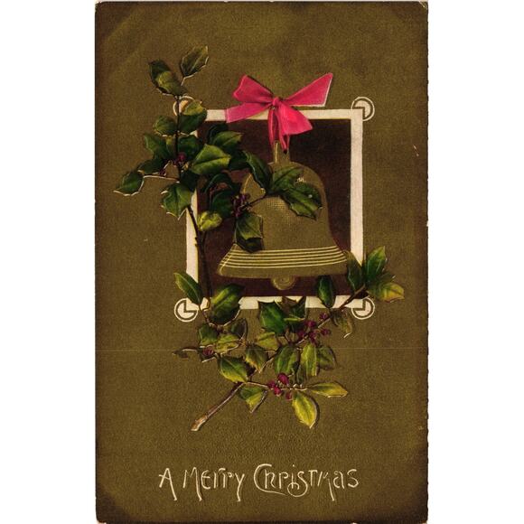 Antique Embossed Christmas Postcard Holly Bell Red Bow A Merry Christmas - Picture 1 of 2